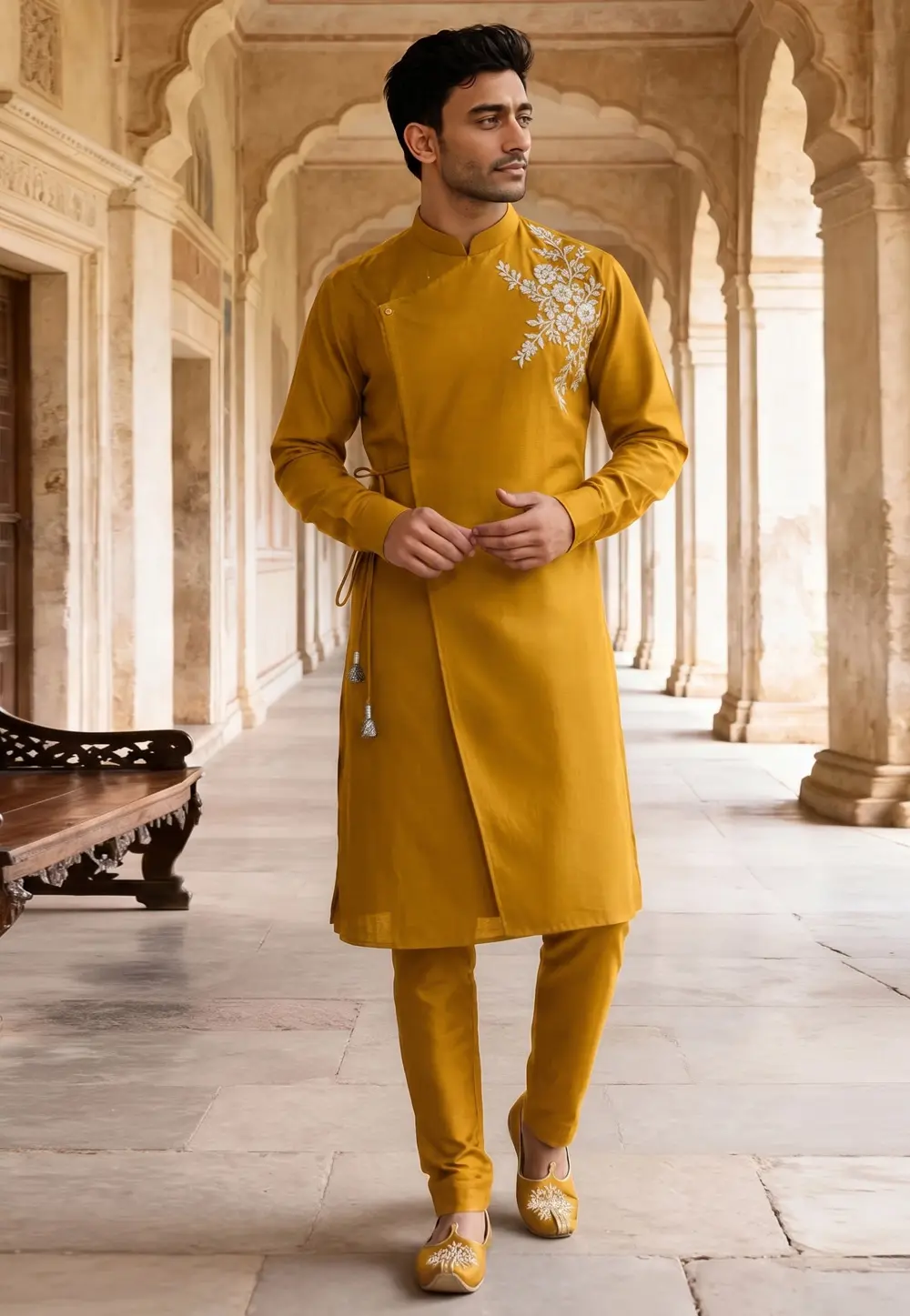 Mustard Cotton Indo Western Kurta 331941