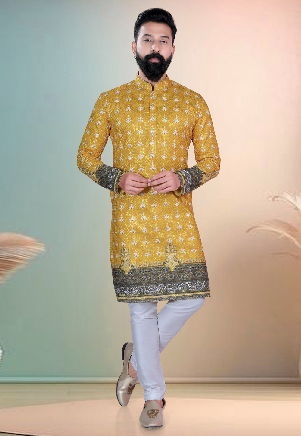 Mustard Cotton Kurta Pajama 318581