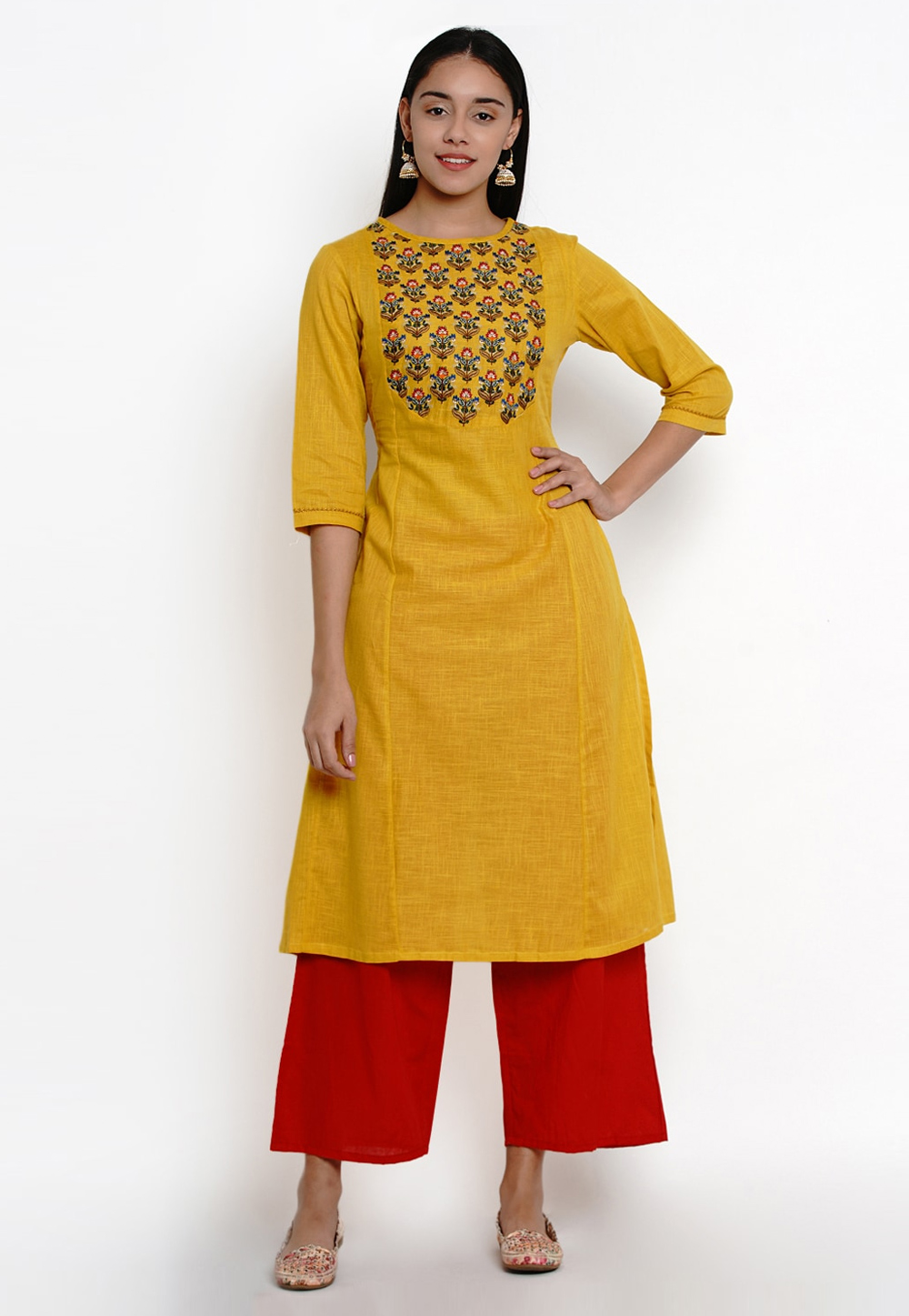 Mustard Cotton Kurta Set With Palazzo 281377