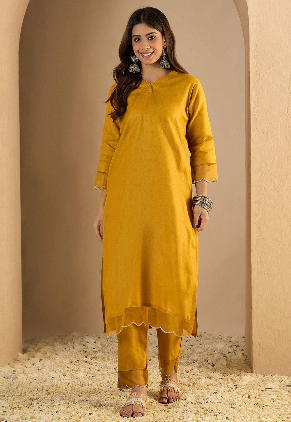 Mustard Cotton Kurta Set With Pant 325299