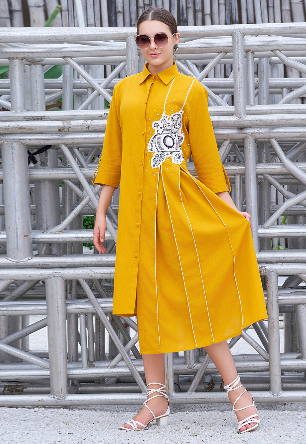 Mustard Cotton Long Kurti 308102