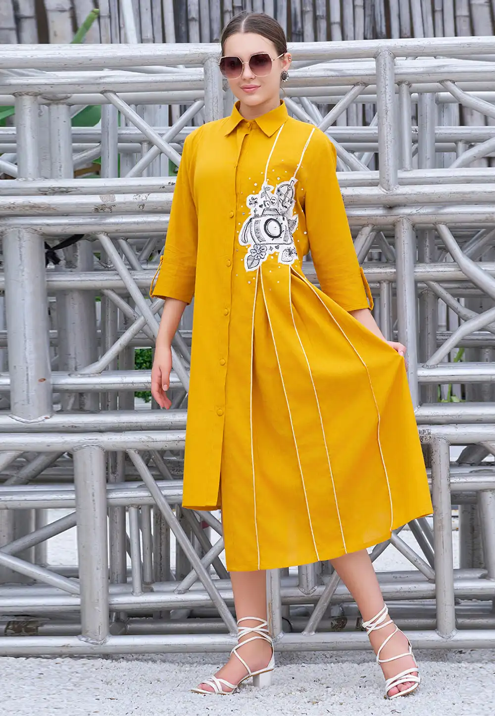 Mustard Cotton Long Kurti 308102