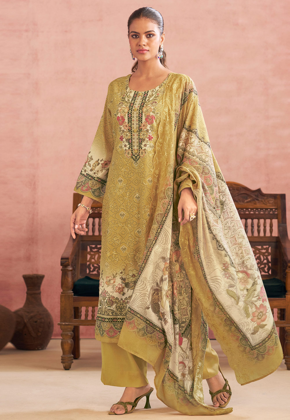 Mustard Cotton Palazzo Suit 319926