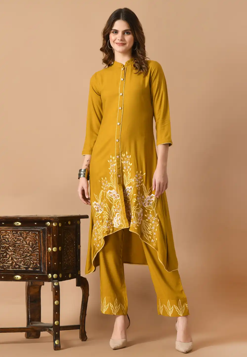 Mustard Cotton Rayon Kurta Set With Pant 305492
