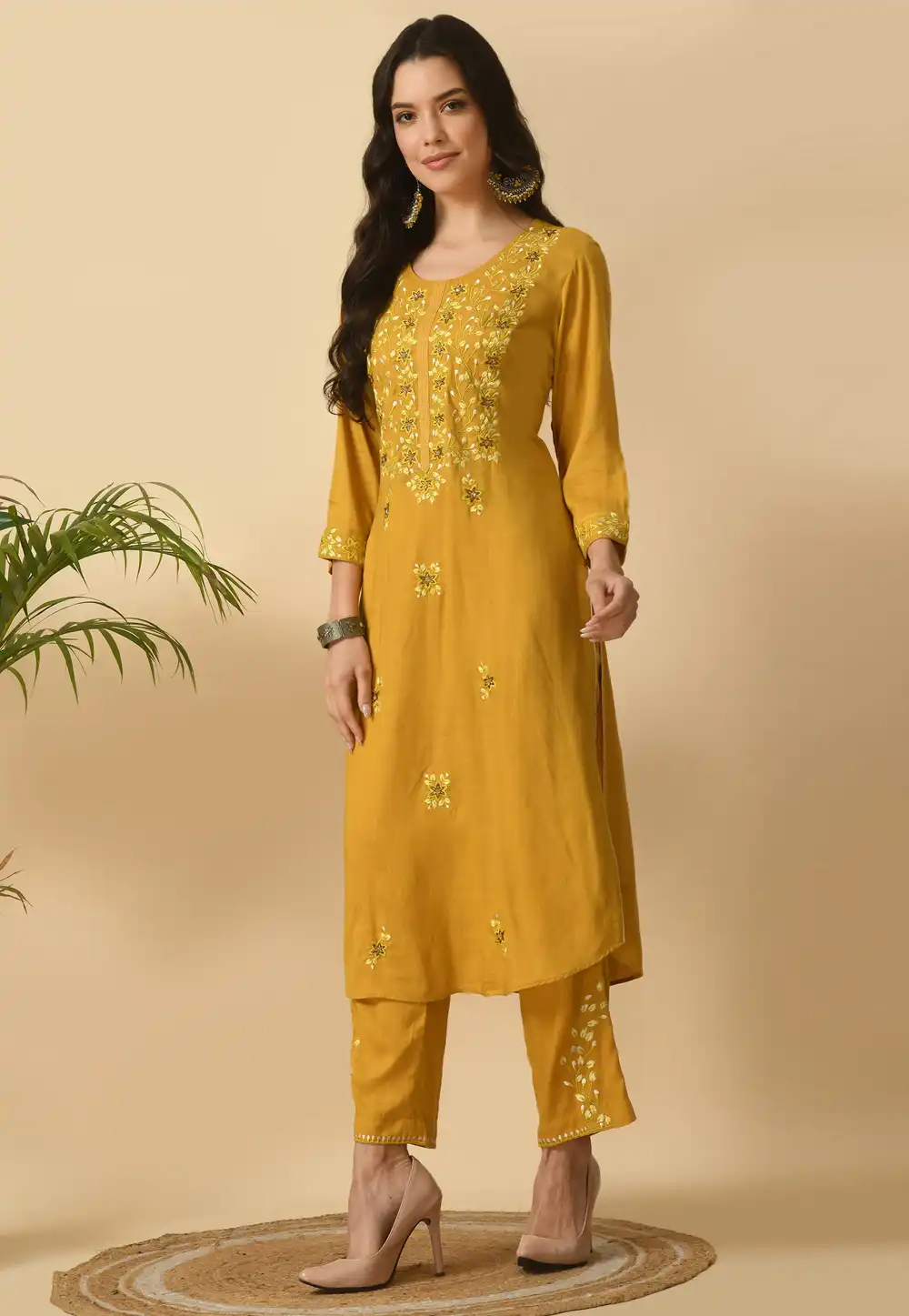 Mustard Cotton Rayon Kurta Set With Pant 305497