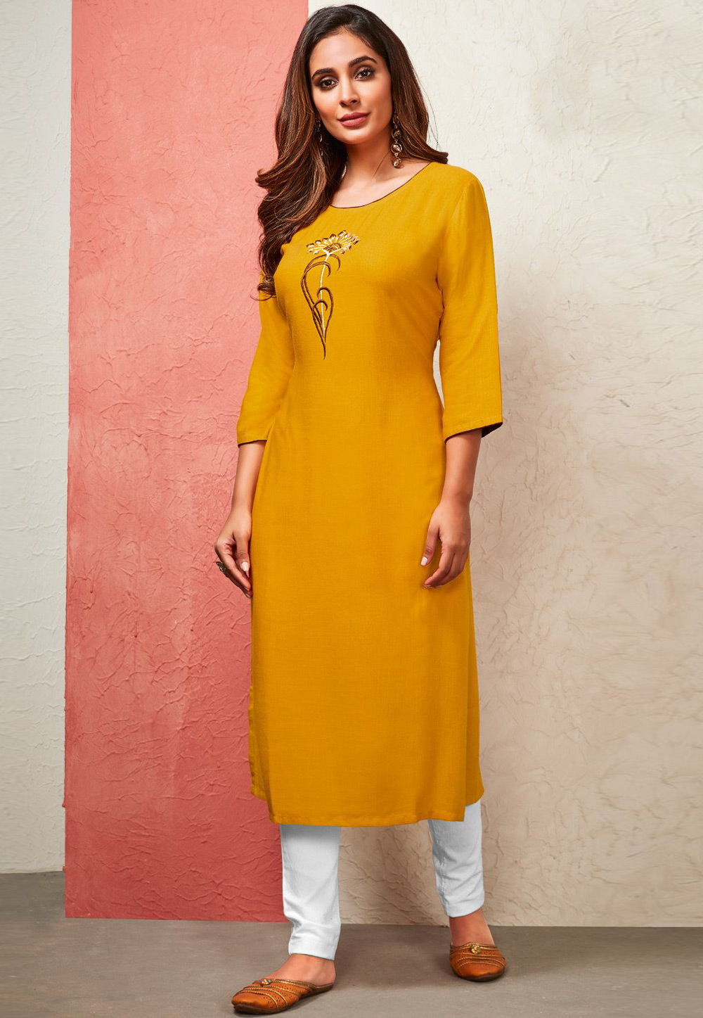 Mustard Cotton Rayon Kurta Set With Pent 284890