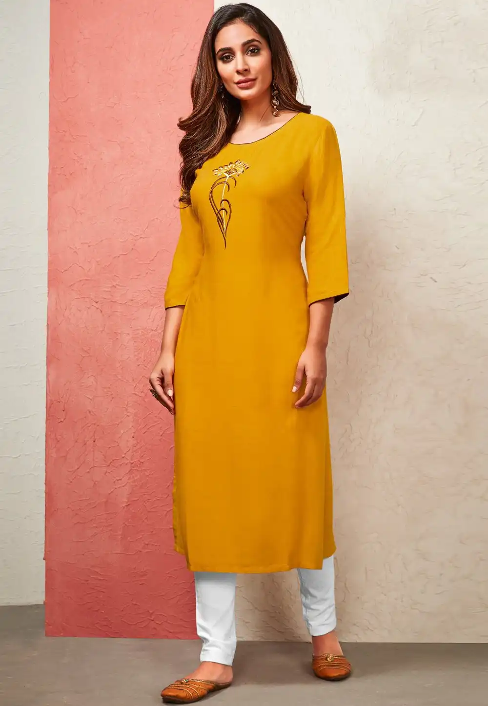 Mustard Cotton Rayon Kurta Set With Pant 284890