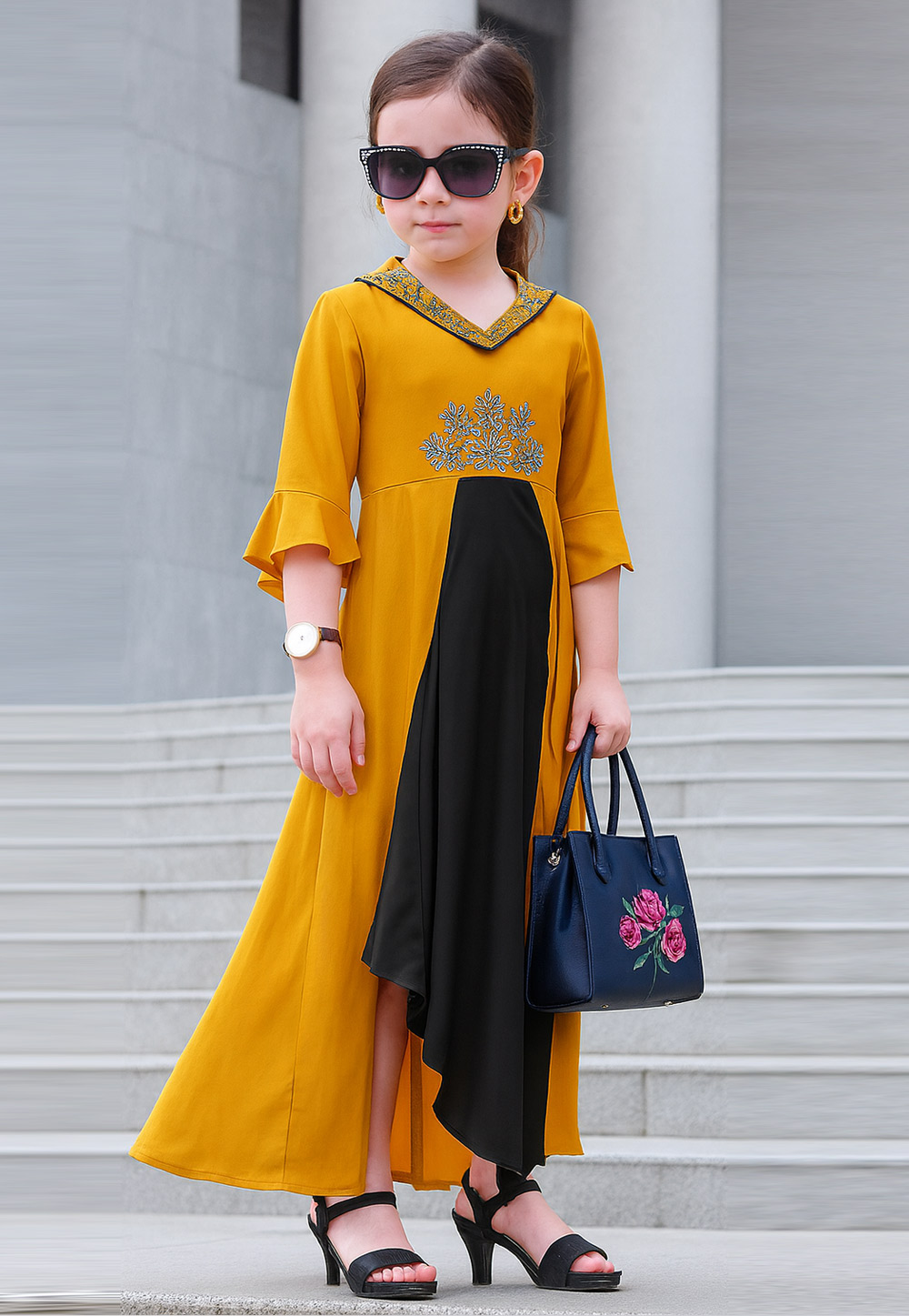 Mustard Cotton Rayon Readymade Kids Gown 320596