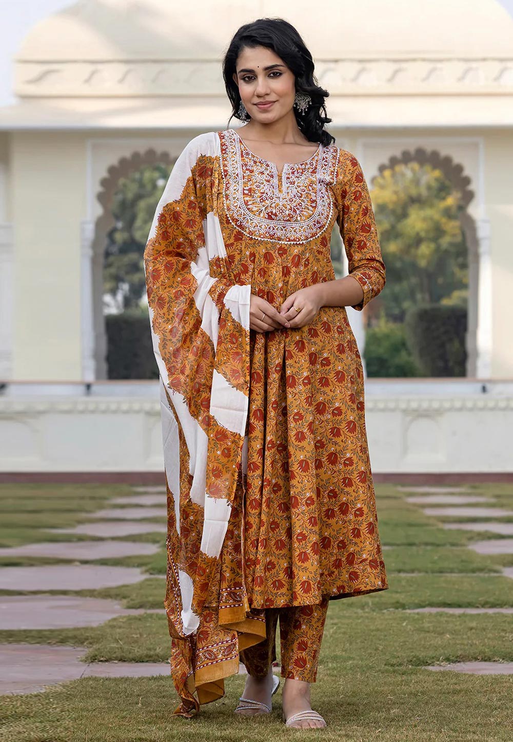 Mustard Cotton Readymade Anarkali Suit 308074