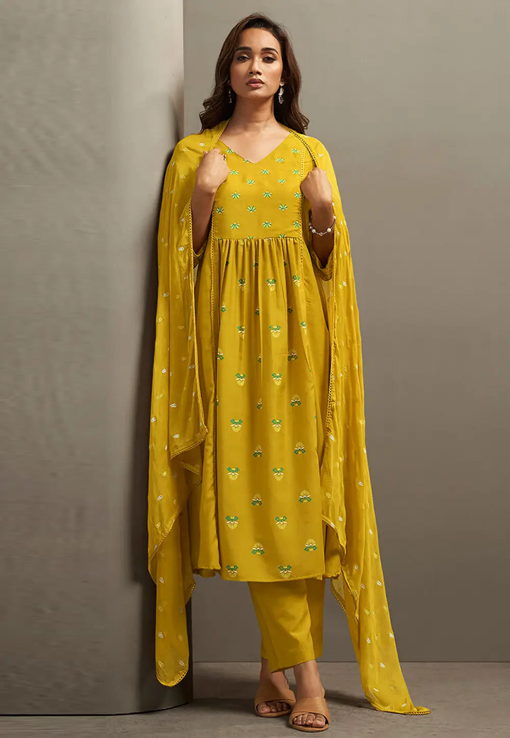 Mustard Cotton Readymade Anarkali Suit 334233