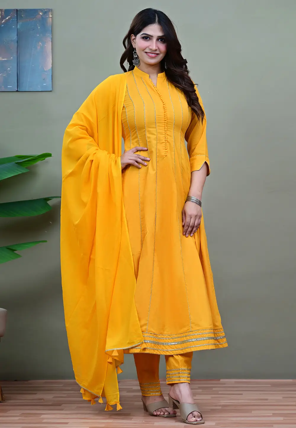 Mustard Cotton Readymade Anarkali Suit 335817