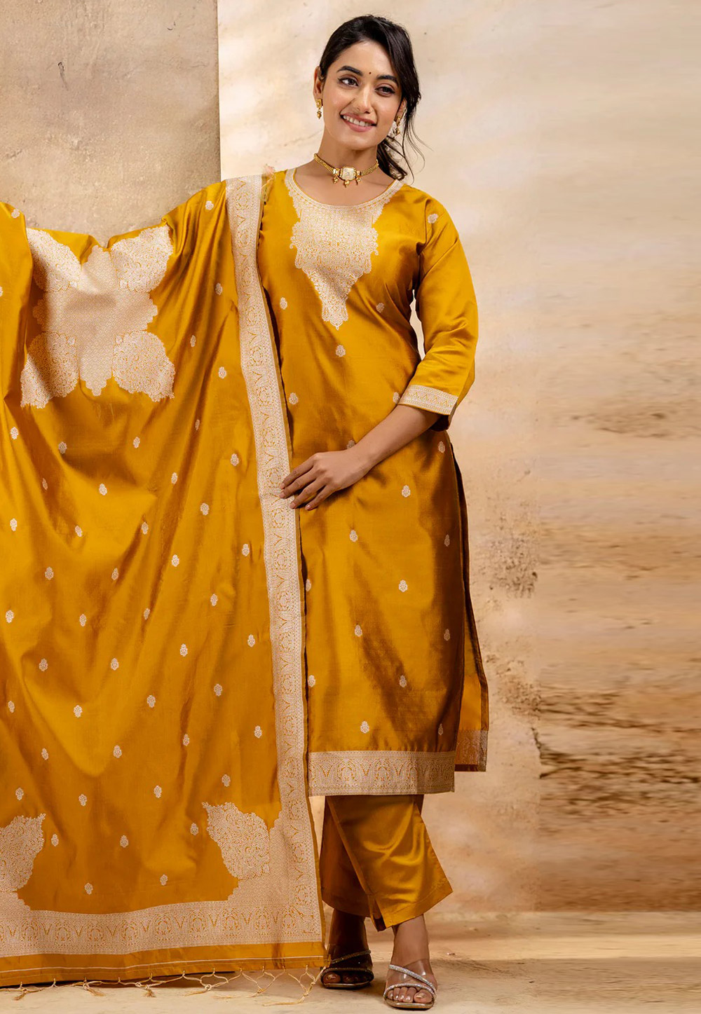 Mustard Cotton Readymade Pakistani Suit 308918