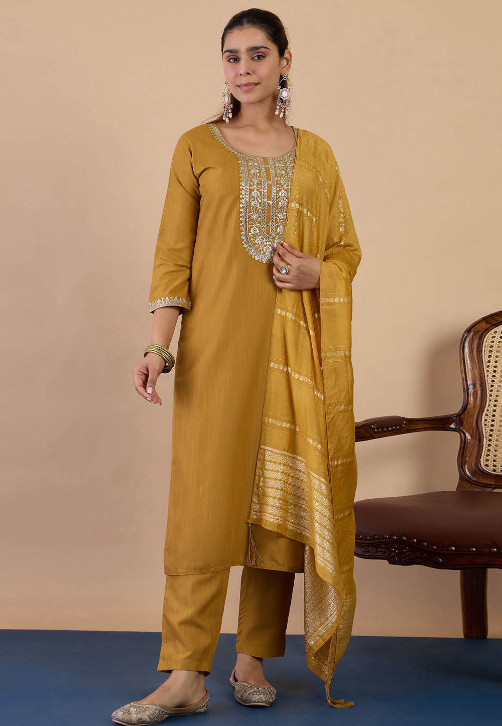 Mustard Cotton Readymade Pakistani Suit 328291