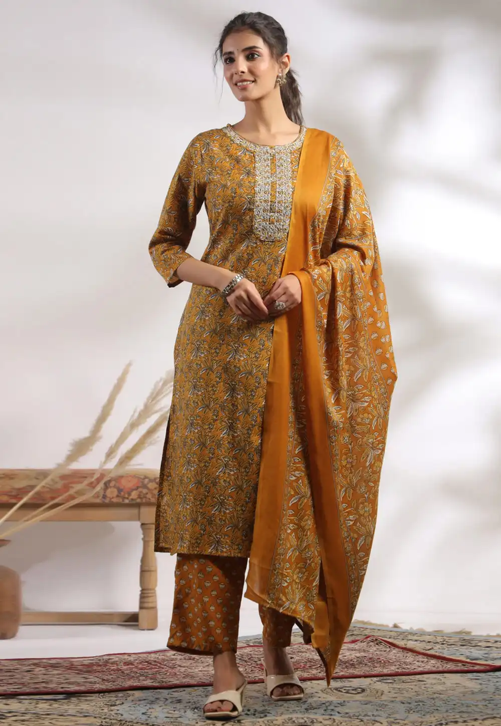 Mustard Cotton Readymade Pakistani Suit 323783