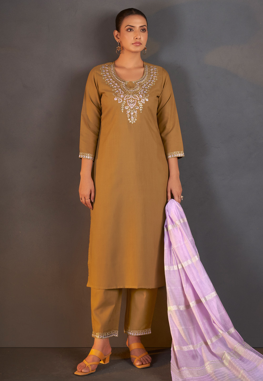 Mustard Cotton Readymade Pakistani Suit 321869