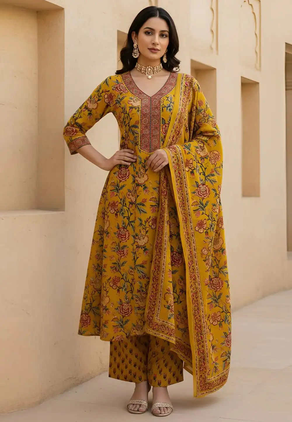 Mustard Cotton Readymade Palazzo Suit 326214