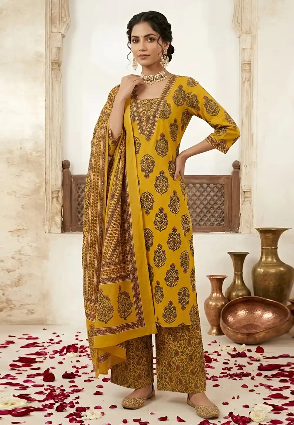 Mustard Cotton Readymade Palazzo Suit 326790