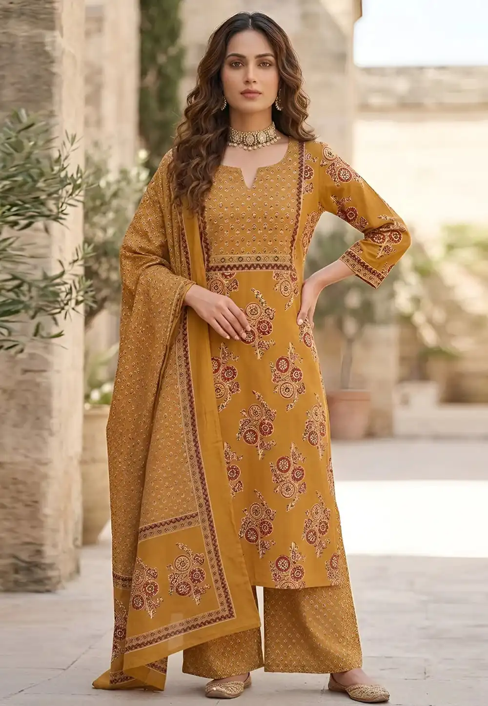 Mustard Cotton Readymade Palazzo Suit 326792