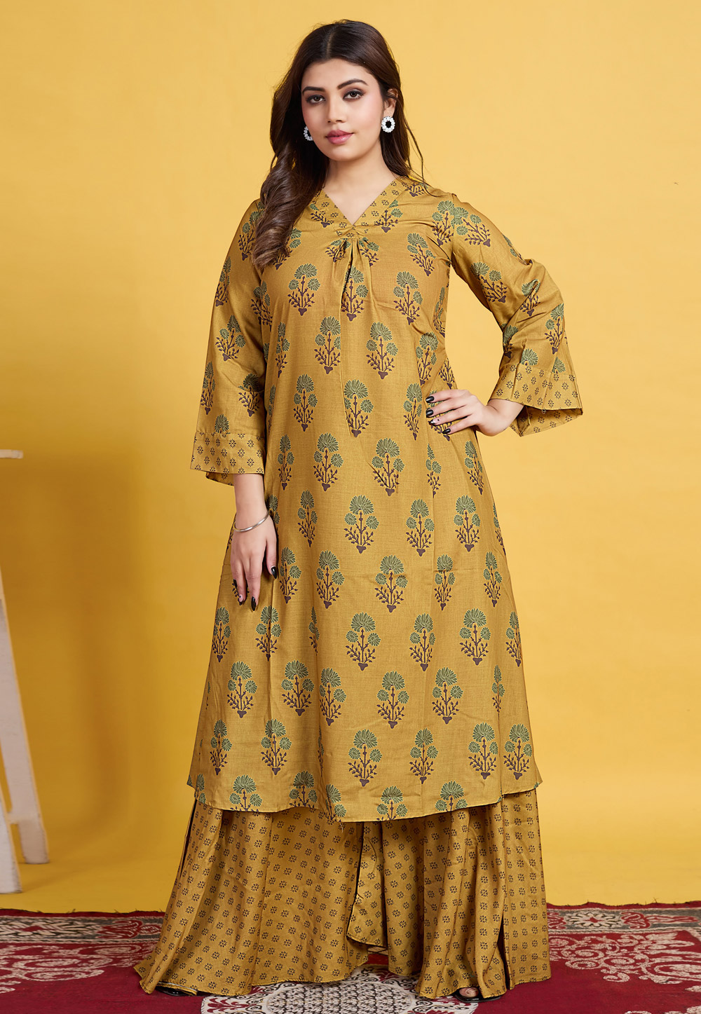 Mustard Cotton Readymade Palazzo Suit 307052
