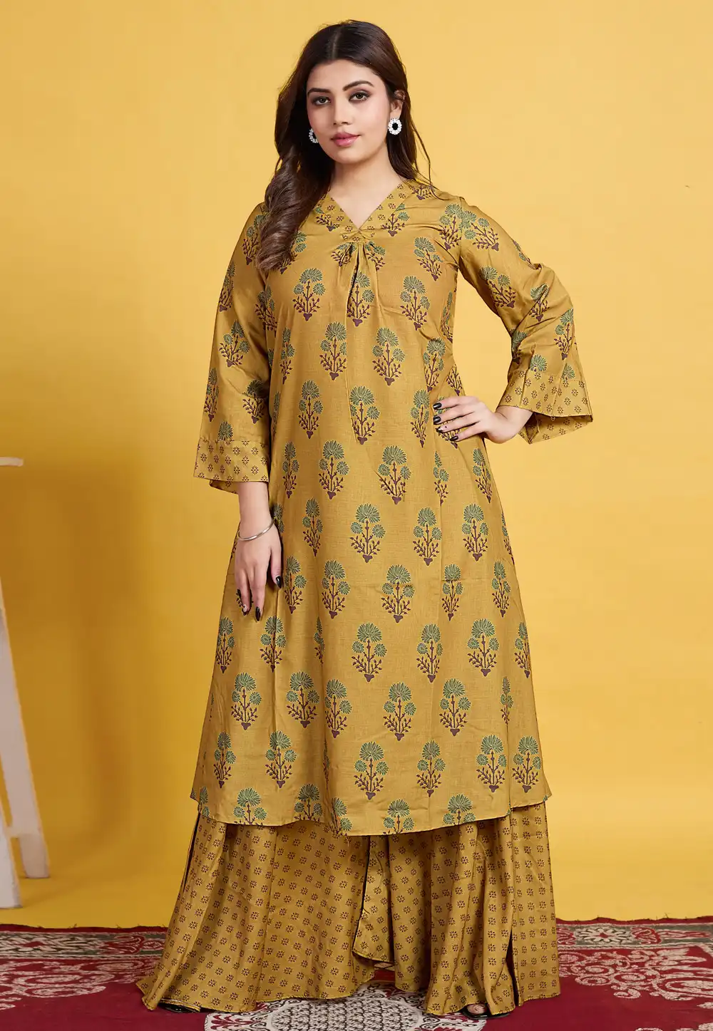Mustard Cotton Readymade Palazzo Suit 307052