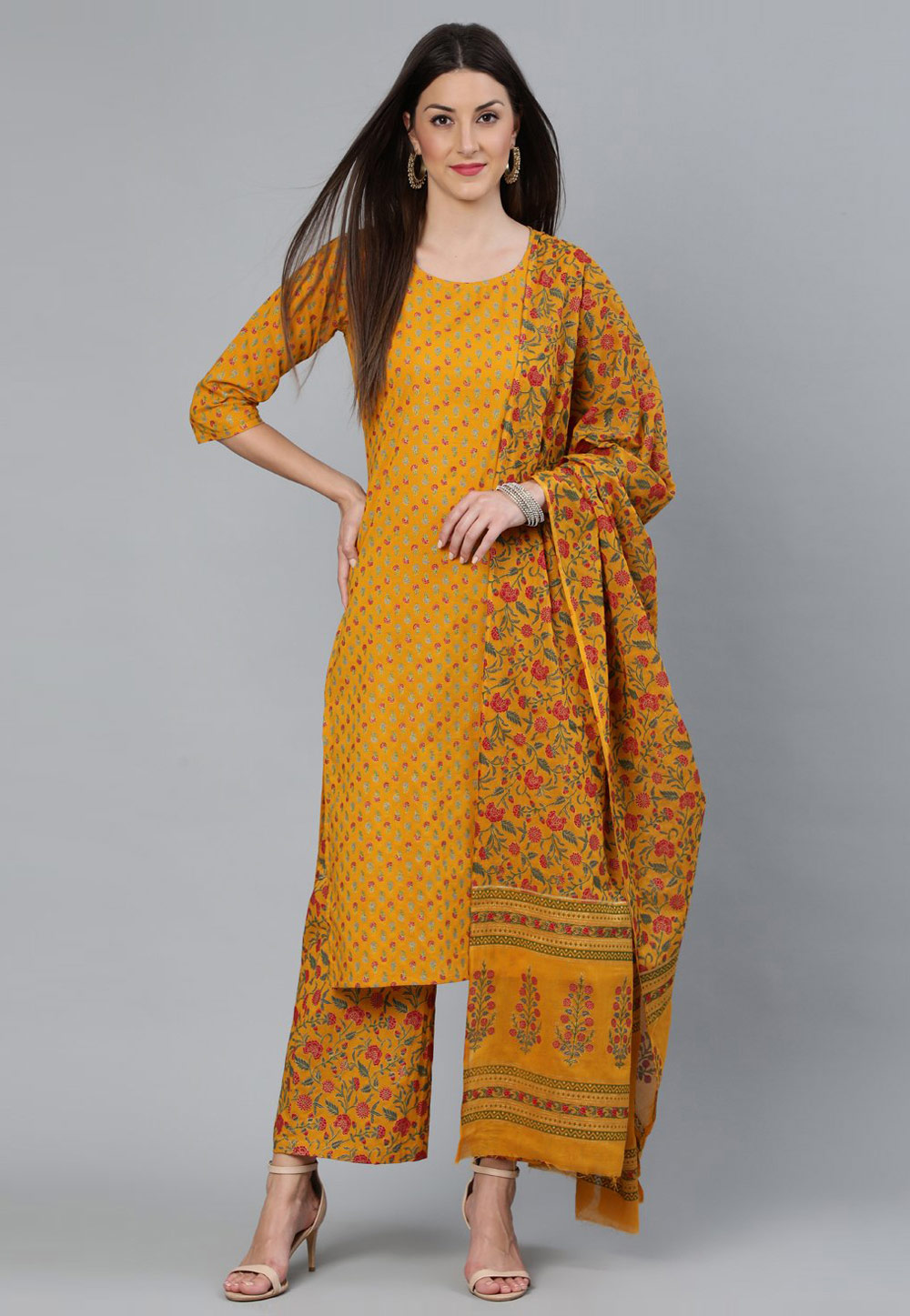 Mustard Cotton Readymade Palazzo Suit 282098