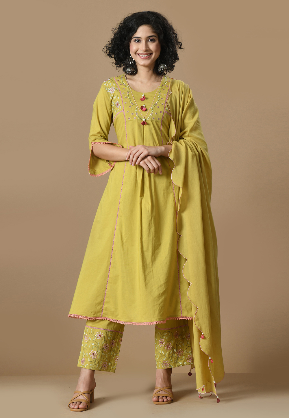 Mustard Cotton Readymade Pant Style Suit 305444