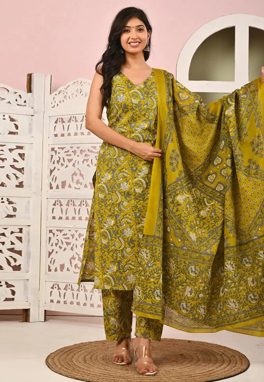 Mustard Cotton Readymade Pant Style Suit 314836
