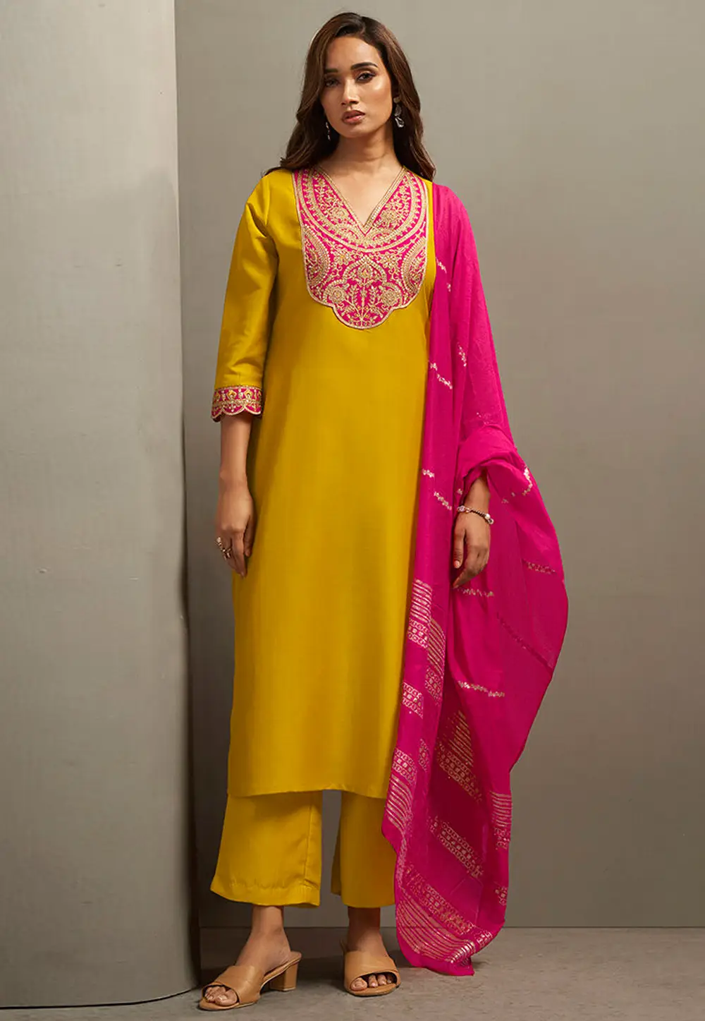 Mustard Cotton Readymade Pant Style Suit 334225