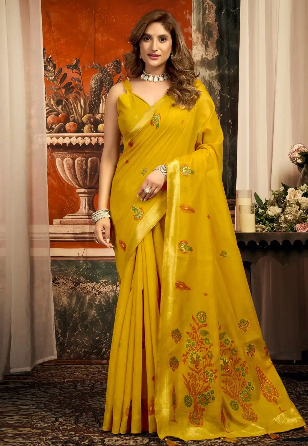 Mustard Cotton Saree With Blouse 327880