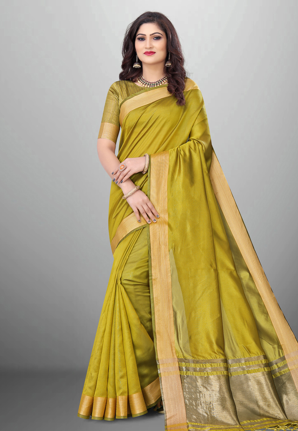 Light Green Cotton Saree With Blouse 278453