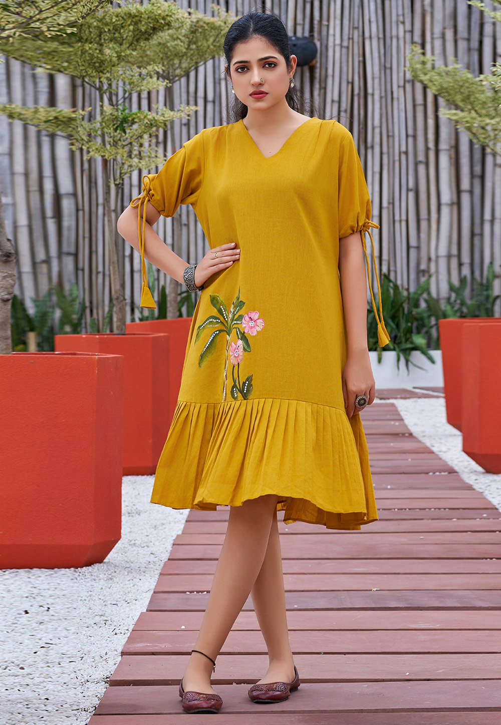 Mustard Cotton Short Kurti 308097