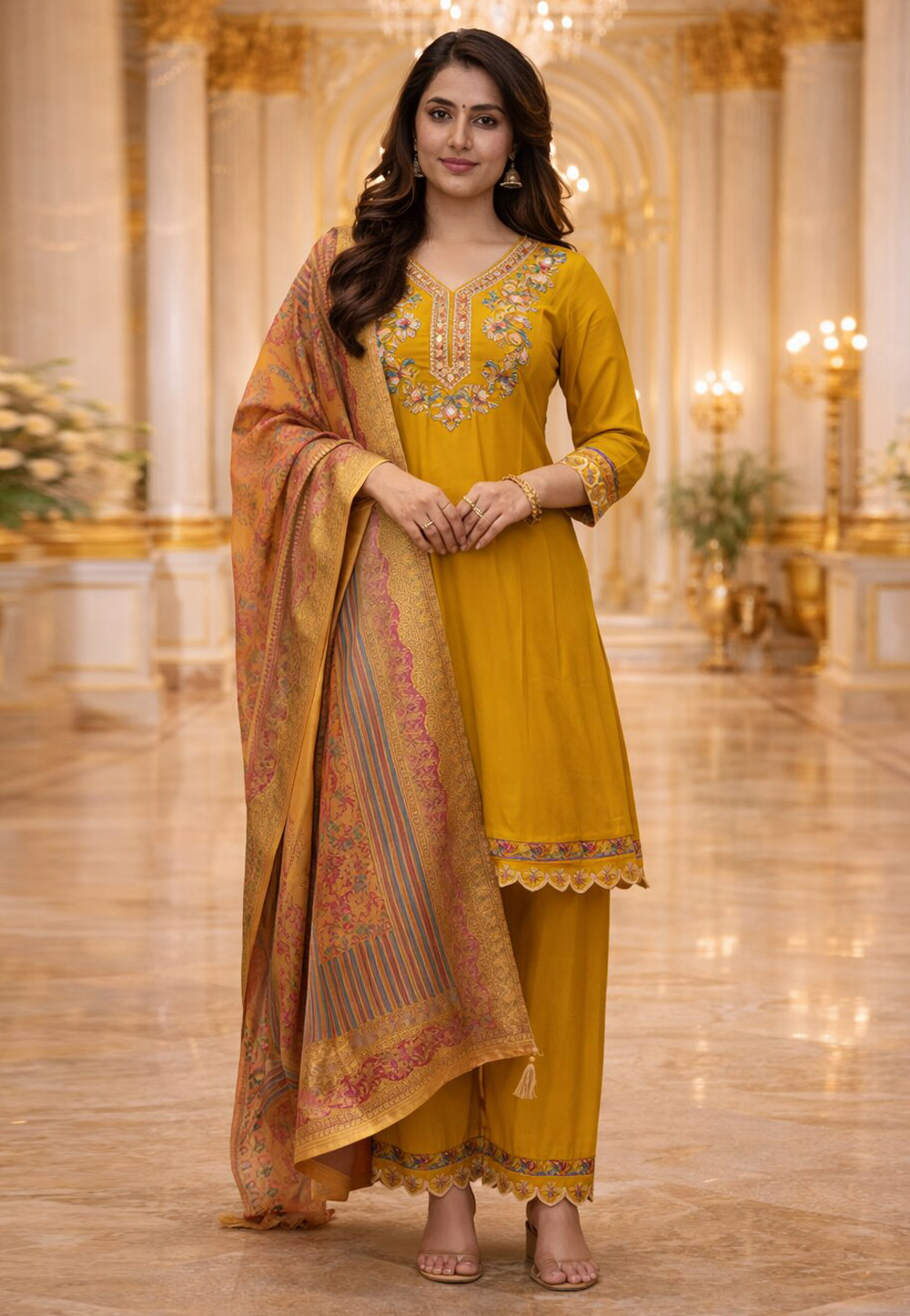 Mustard Cotton Silk Readymade Pant Style Suit 327166