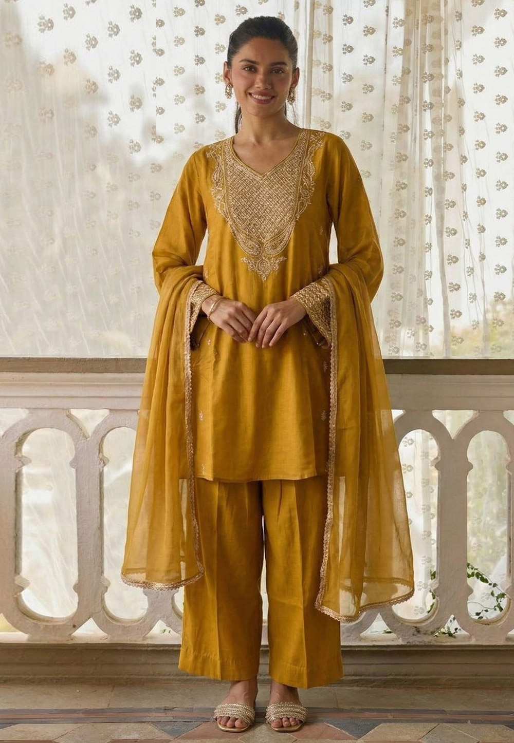 Mustard Cotton Silk Readymade Pant Style Suit 327942