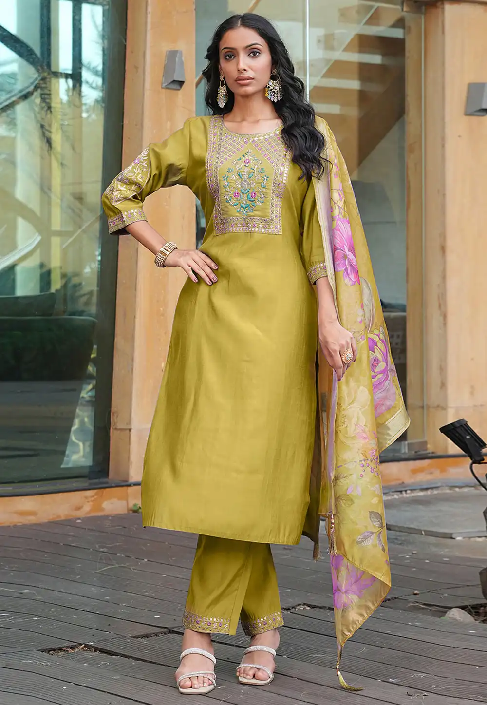 Mustard Cotton Silk Readymade Pant Style Suit 321724