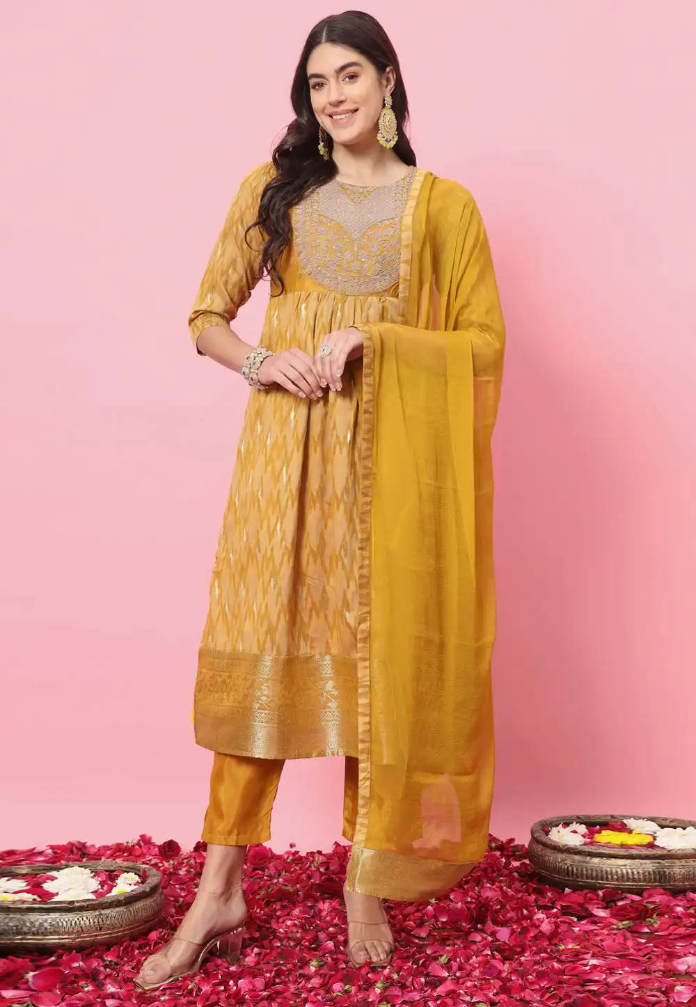 Mustard Cotton Silk Readymade Pant Style Suit 310038