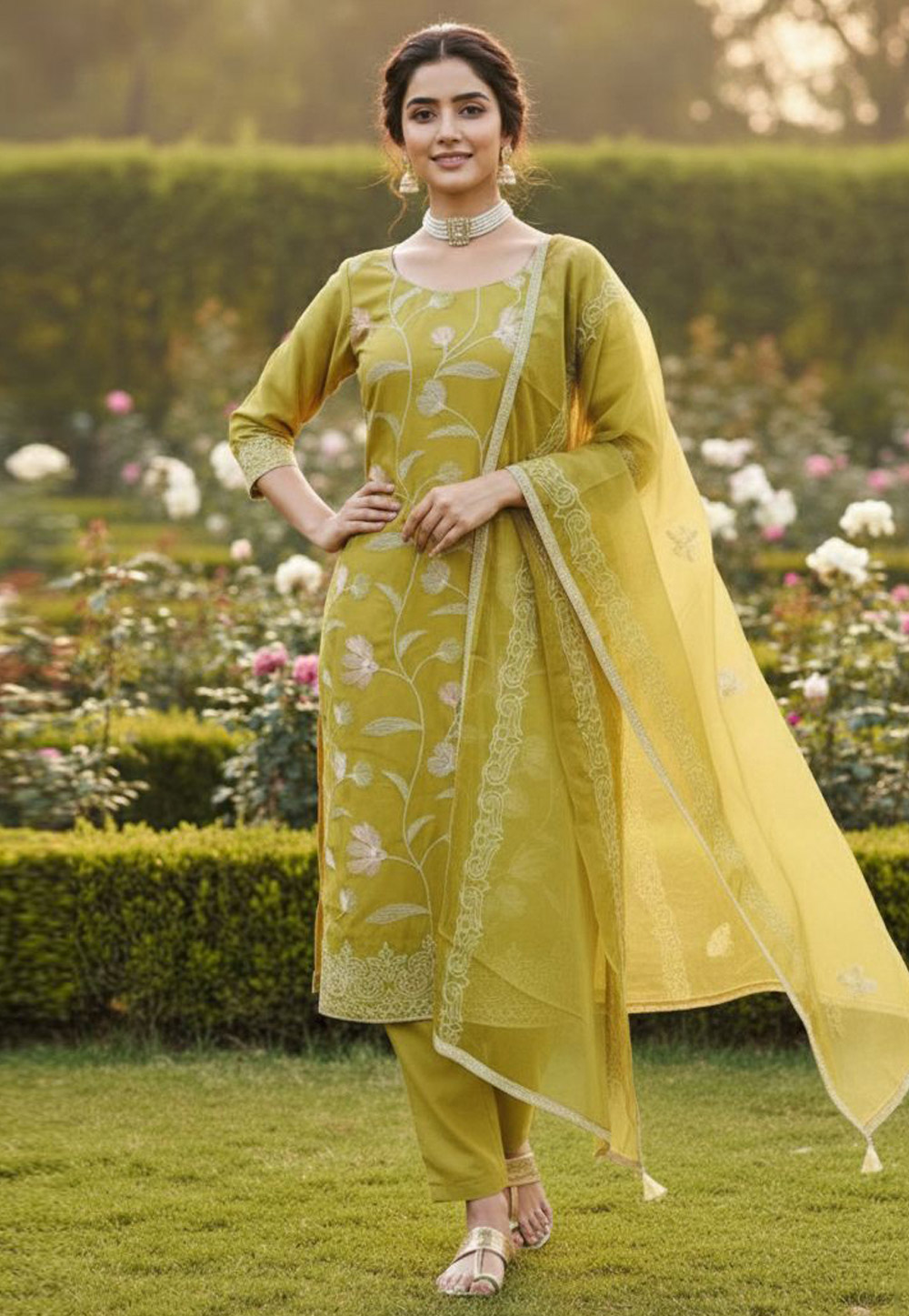 Mustard Cotton Straight Suit 324138