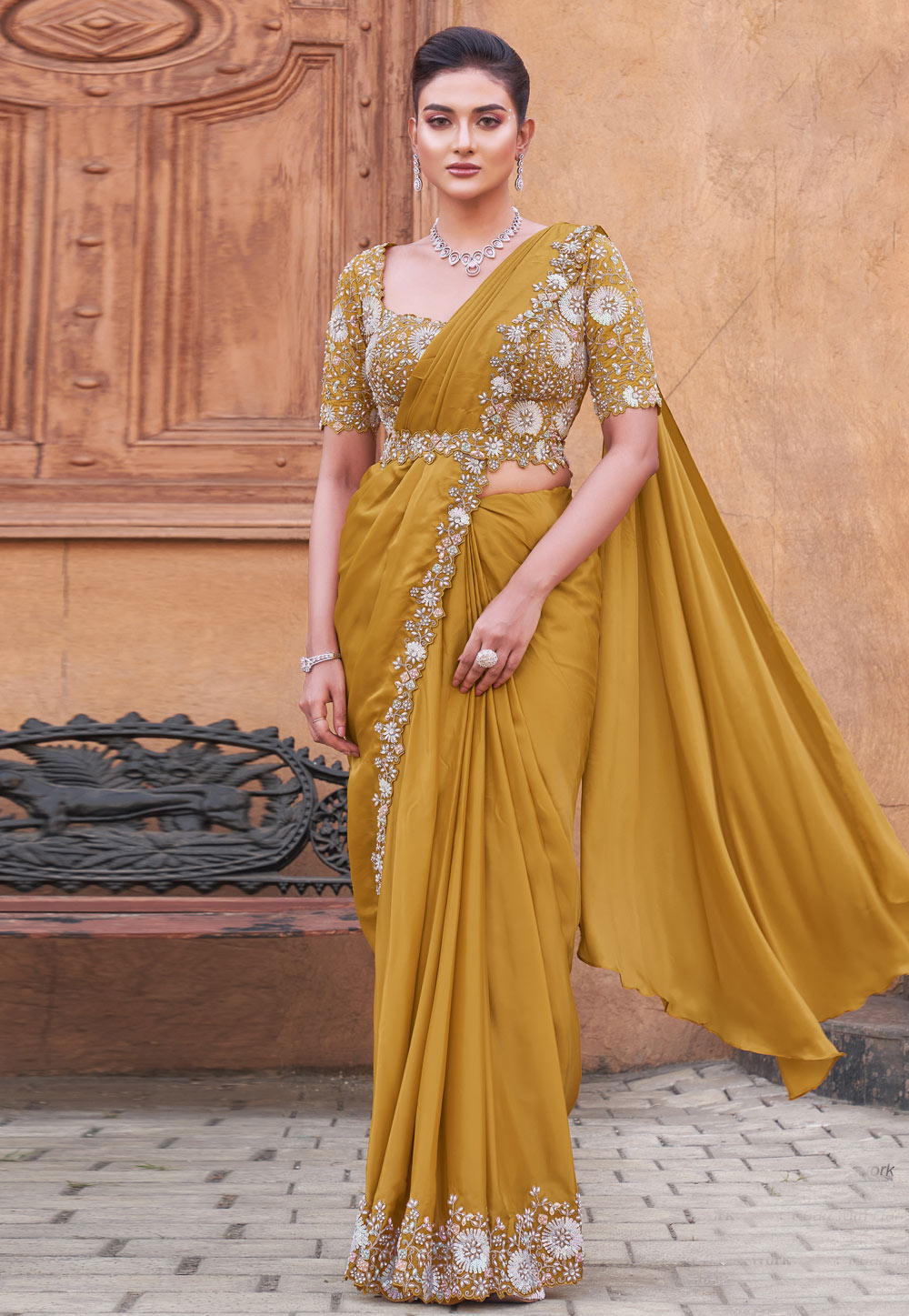 Mustard Crepe Saree With Blouse 306998