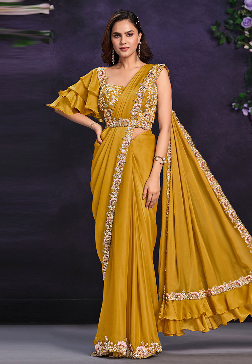 Mustard Crepe Satin Designer Saree 286618