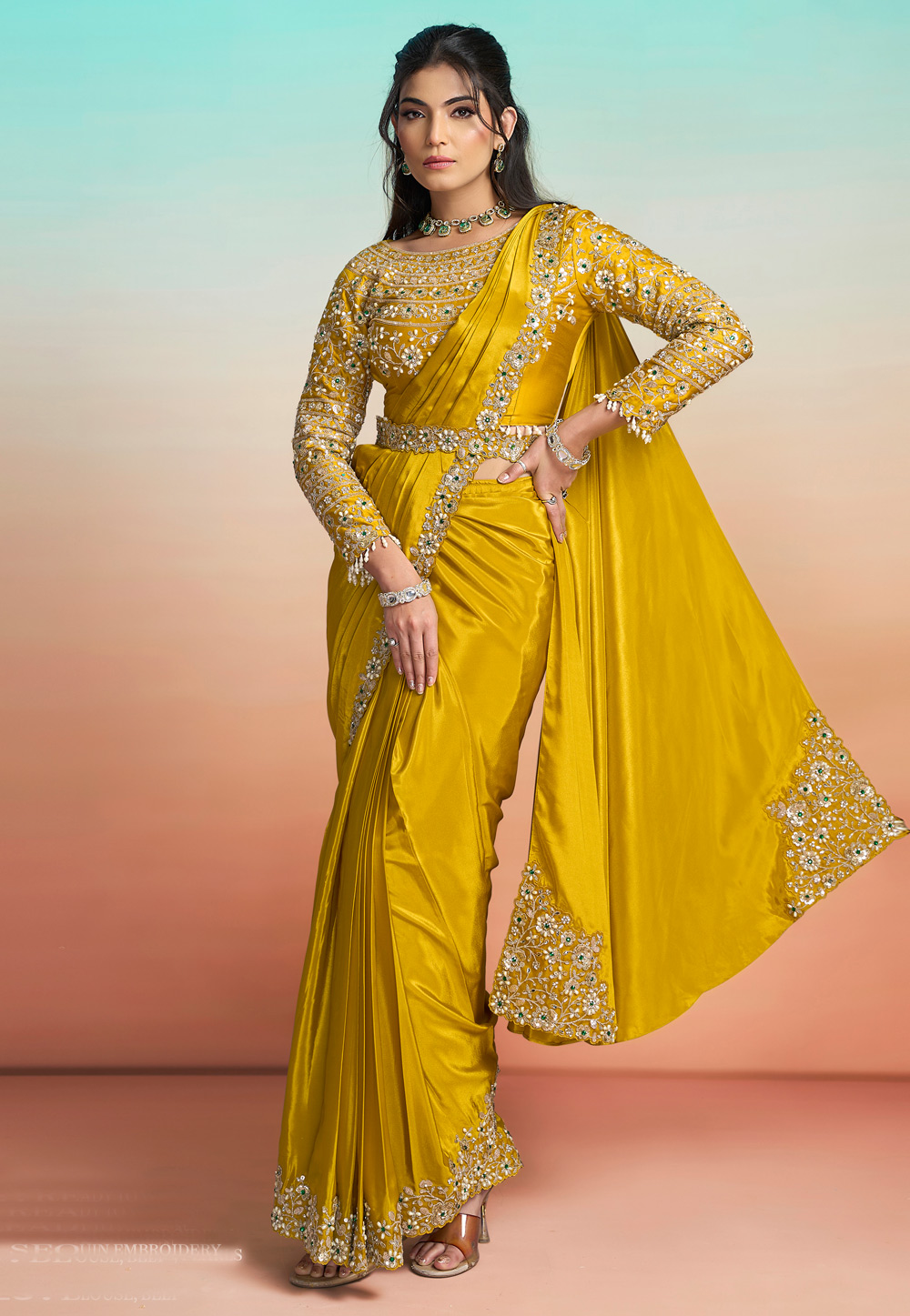 Mustard Crepe Satin Saree With Blouse 327237