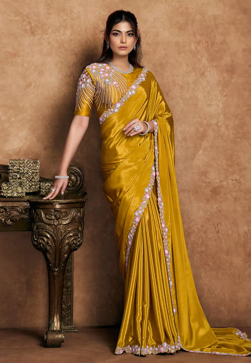 Mustard Crepe Satin Saree With Blouse 326457