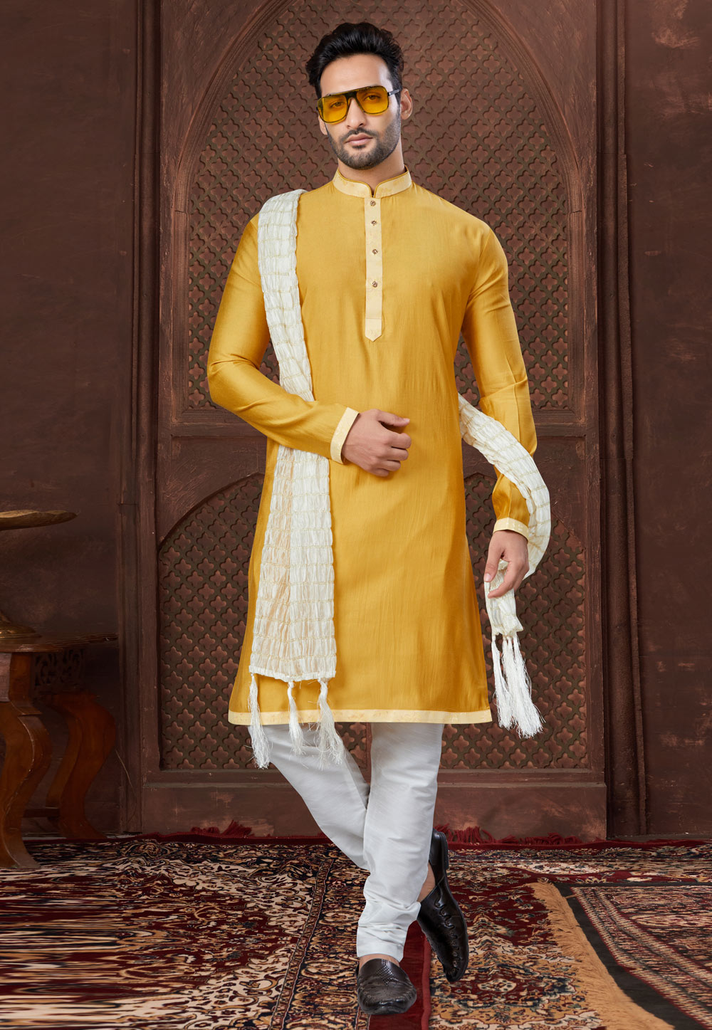 Mustard Crepe Silk Kurta Pajama 307664