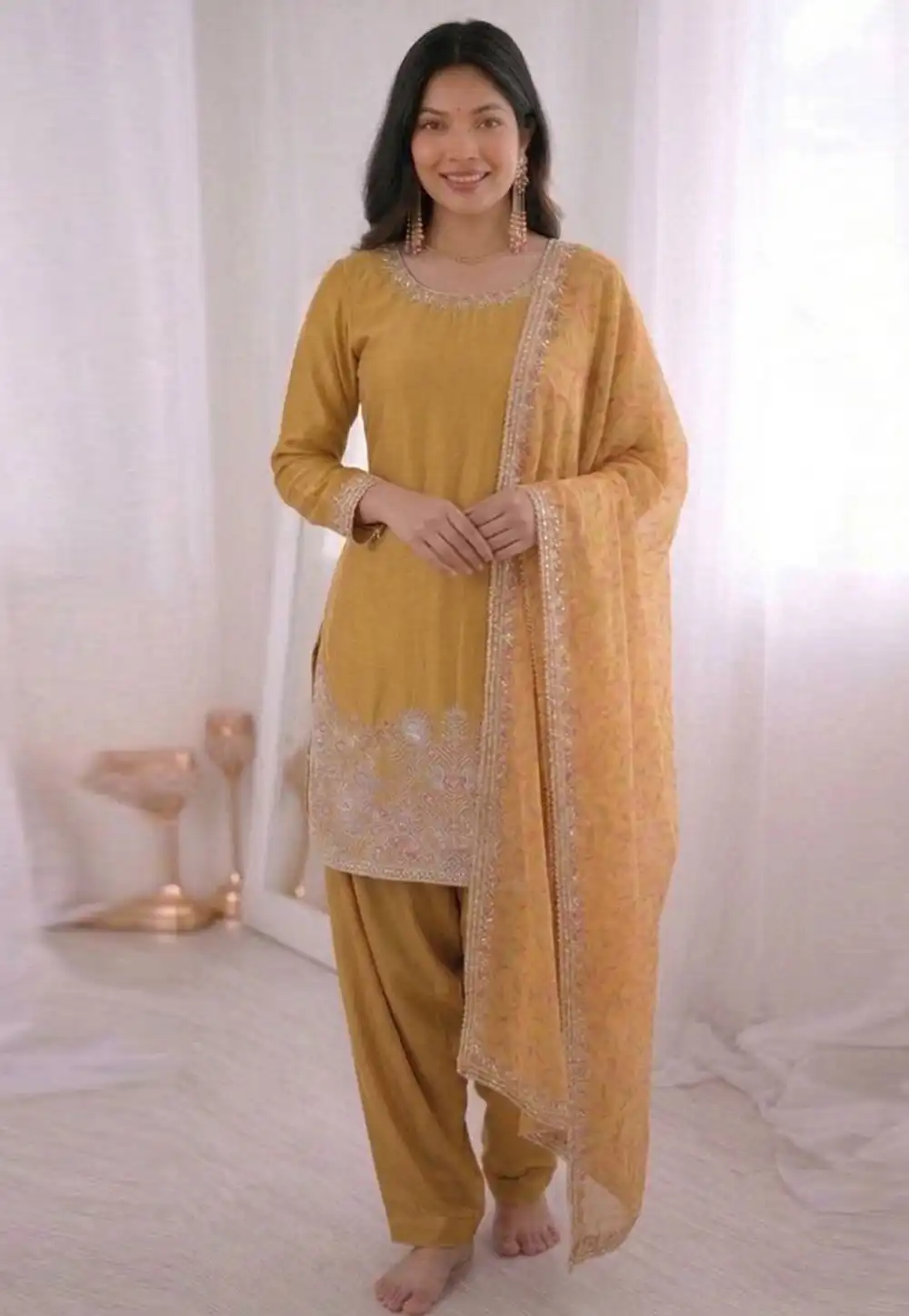 Mustard Crepe Silk Readymade Punjabi Suit 328260
