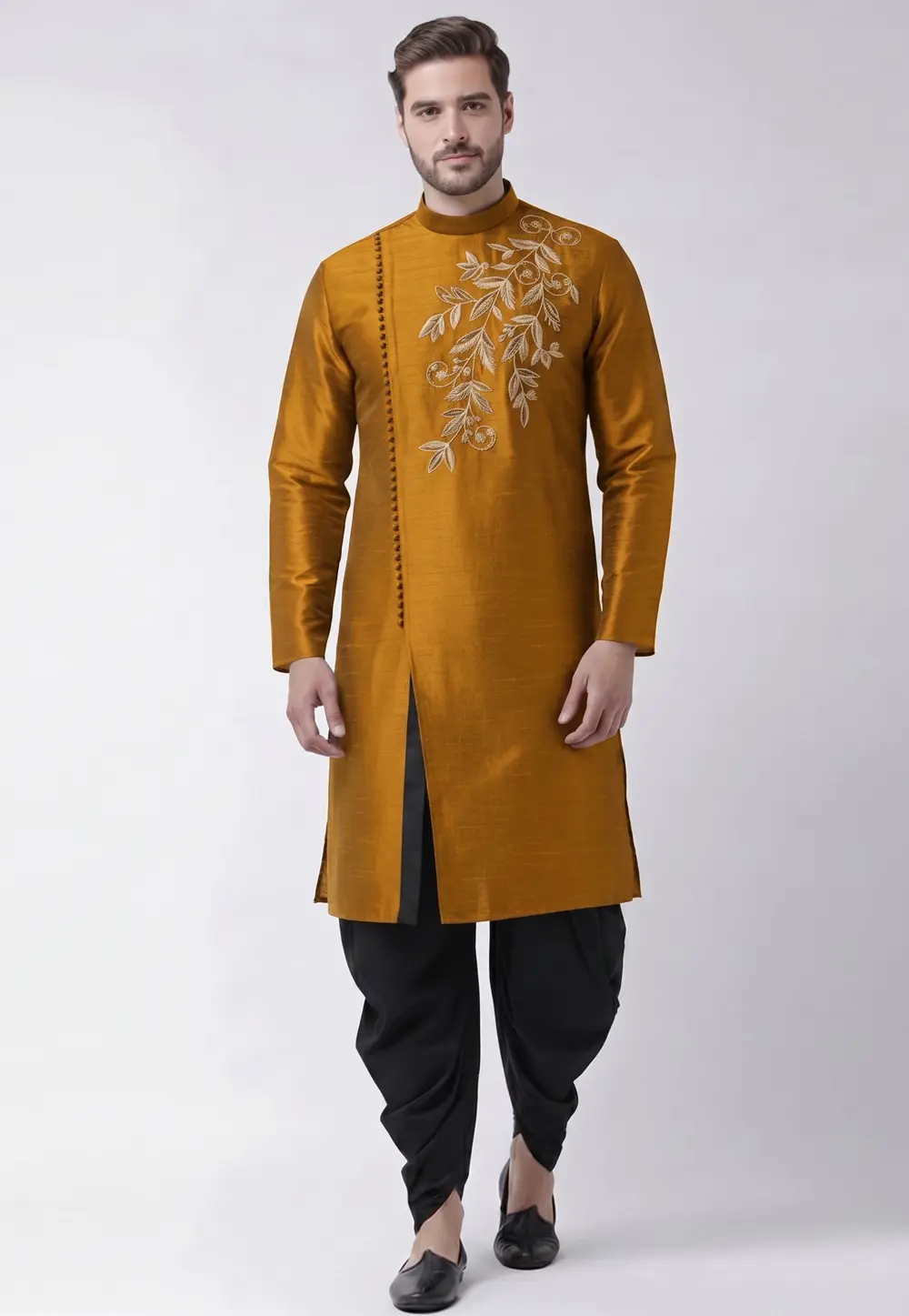 Mustard Dupion Silk Dhoti Kurta 331956