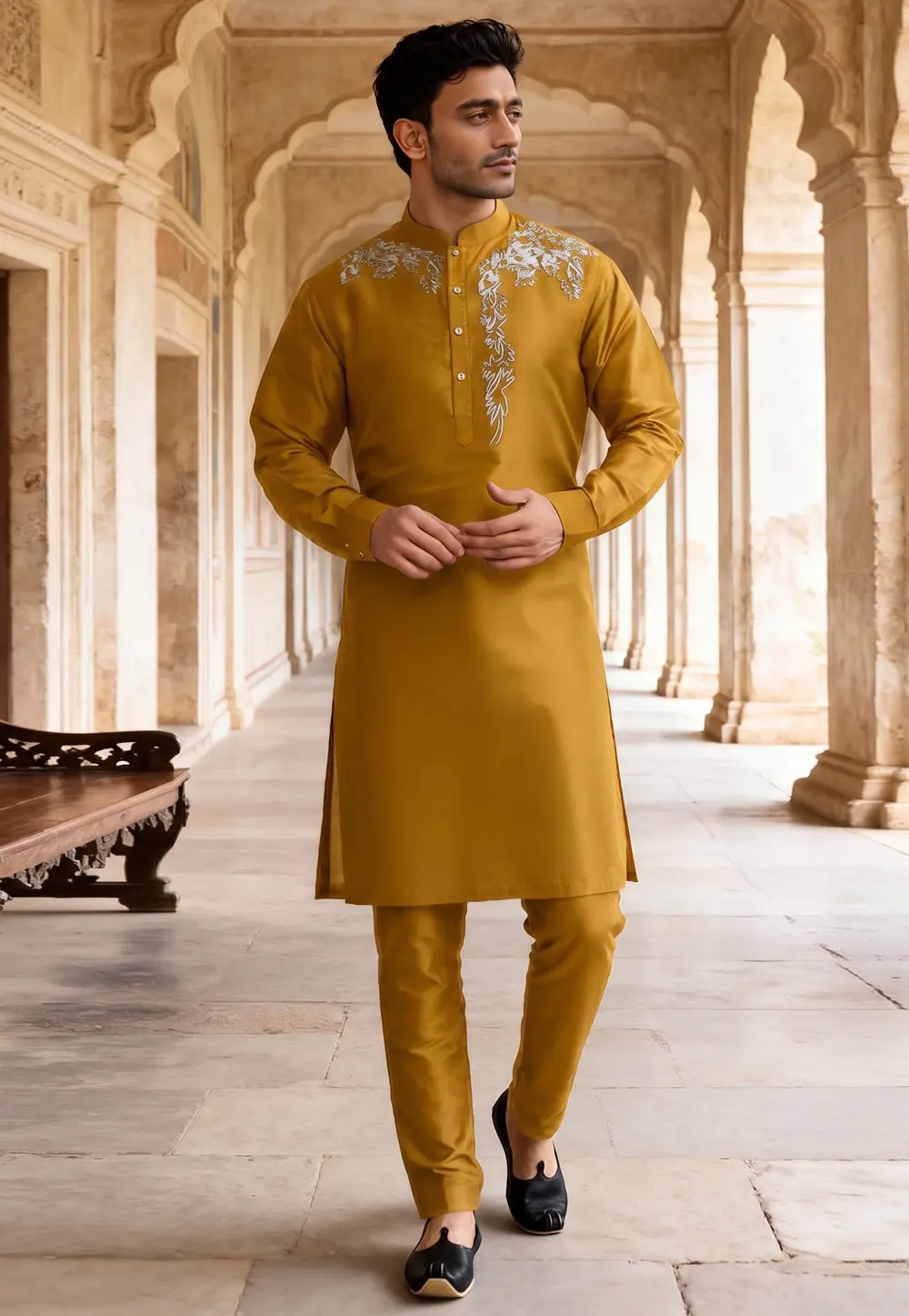 Mustard Dupion Silk Kurta Pajama 331922