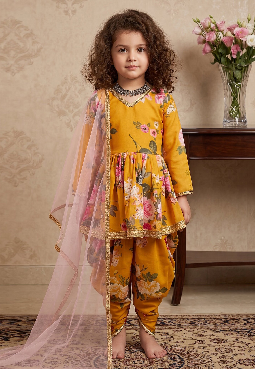 Mustard Faux Georgette Kids Dhoti Salwar Suit 329917