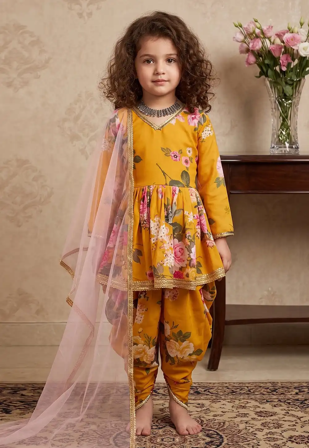 Mustard Faux Georgette Kids Dhoti Salwar Suit 329917