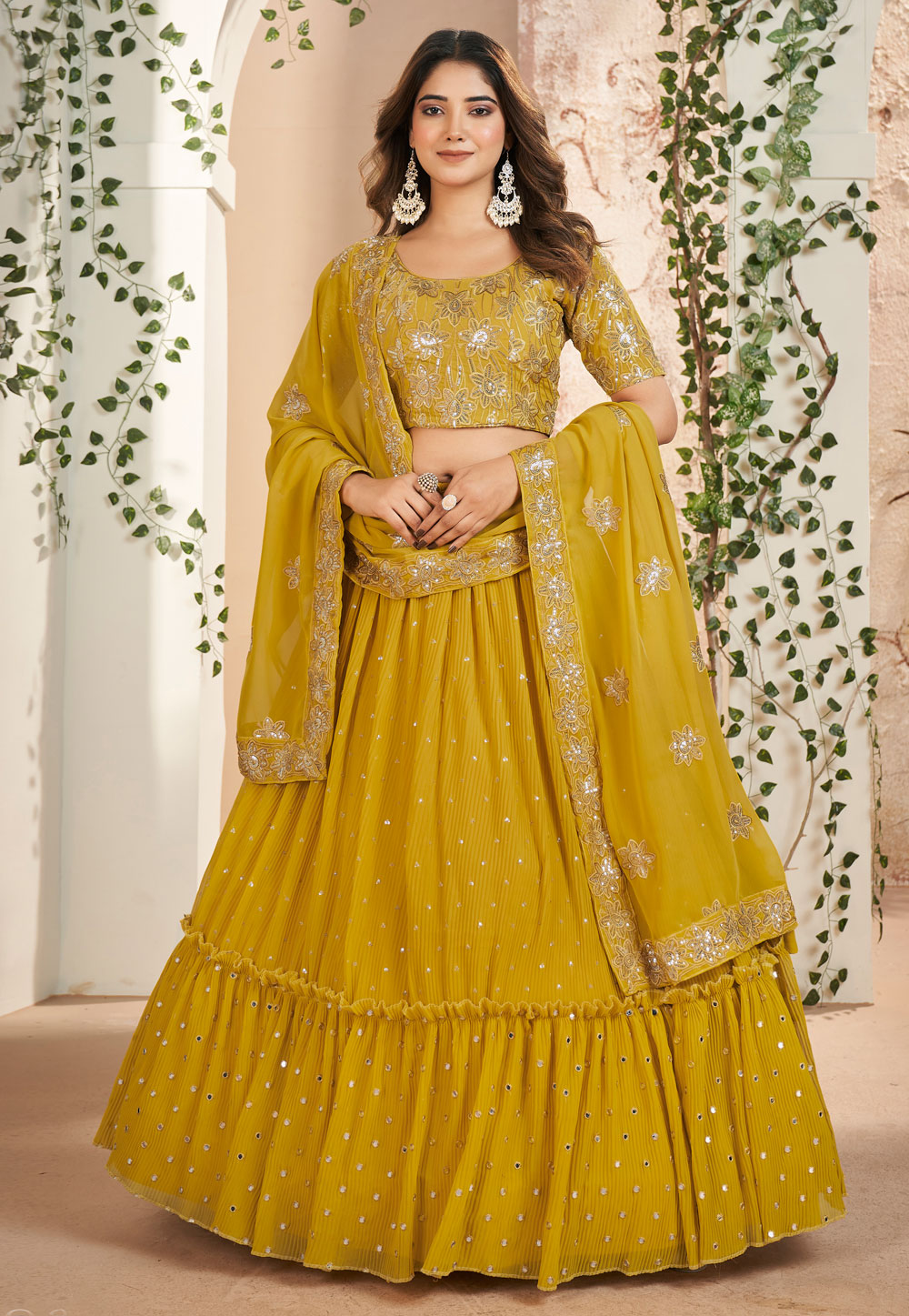 Mustard Faux Georgette Layered Lehenga Choli 281898