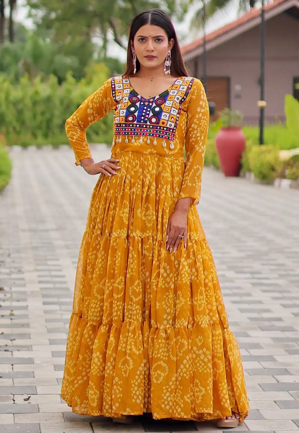 Mustard Faux Georgette Navratri Wear Gown 314708