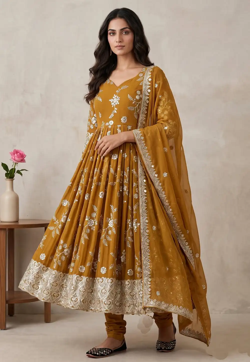 Mustard Faux Georgette Readymade Long Anarkali Suit 330702
