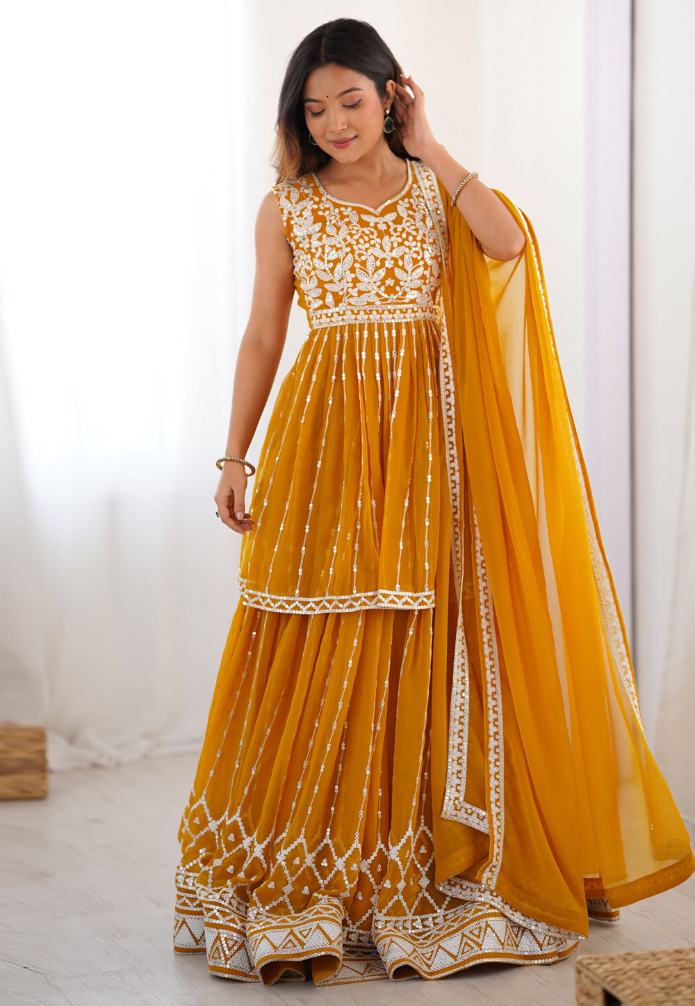 Mustard Faux Georgette Readymade Long Choli Lehenga 312579